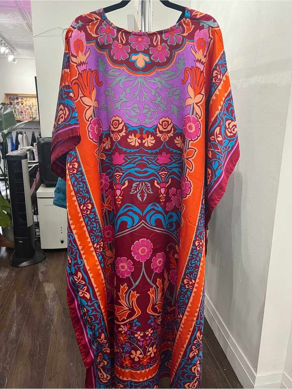 Vibrant Vintage Winlar Boho Floral Caftan in Fuchsia, Orange & Turquoise